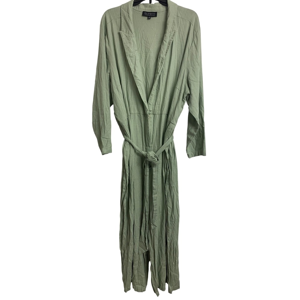 Eloquii Sage Green Linen Blend Long Sleeve Tie Waist‎ Jumpsuit Plus Size 26